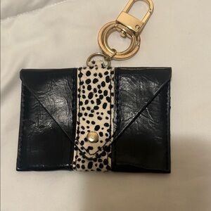 Black Leather Card Holder Keychain with Spotted Accent
